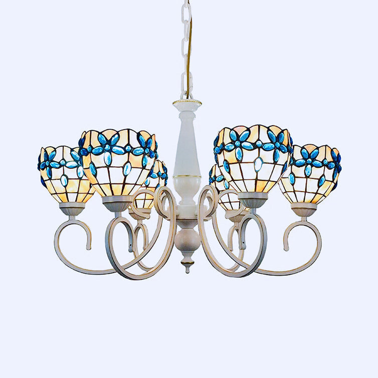 Stained Glass Inverted Chandelier with Floral Jewel Pattern - Lodge Domed Pendant Lighting (3/6/8 Lights, Beige)