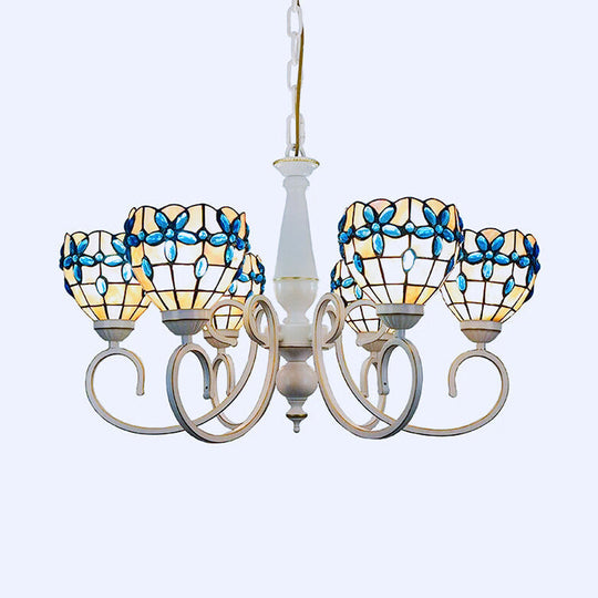 Lodge Domed Pendant Chandelier With Stained Glass And Floral Jewel Pattern (3/6/8 Lights Beige)