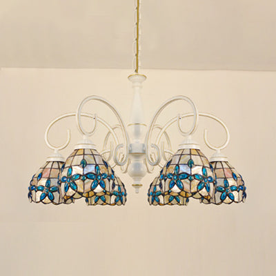 Lodge Domed Pendant Chandelier With Stained Glass And Floral Jewel Pattern (3/6/8 Lights Beige)