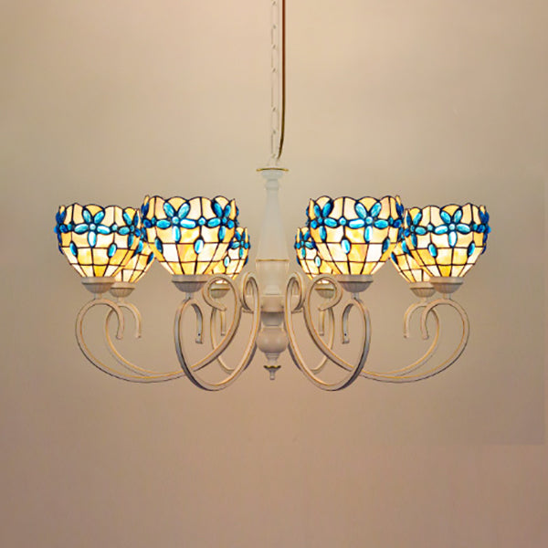 Stained Glass Inverted Chandelier with Floral Jewel Pattern - Lodge Domed Pendant Lighting (3/6/8 Lights, Beige)