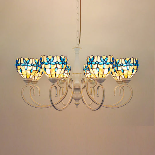 Stained Glass Inverted Chandelier with Floral Jewel Pattern - Lodge Domed Pendant Lighting (3/6/8 Lights, Beige)