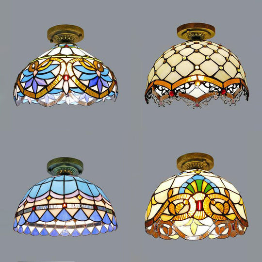 Tiffany Style Victorian/Flower/Pearl/Baroque Flush Mount Lamp With Stained Glass Shade - Antique