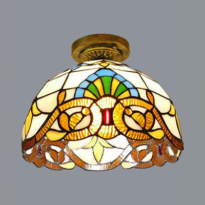 Tiffany Style Victorian/Flower/Pearl/Baroque Flush Mount Lamp With Stained Glass Shade - Antique