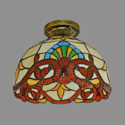 Tiffany Style Victorian/Flower/Pearl/Baroque Flush Mount Lamp With Stained Glass Shade - Antique