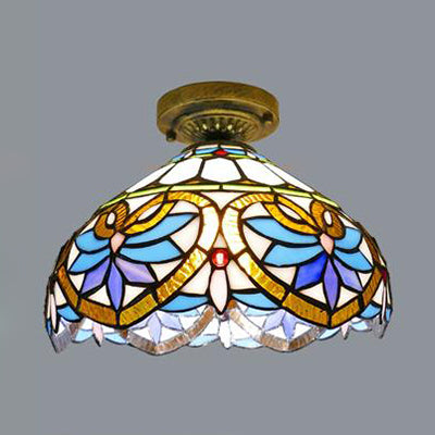 Tiffany Style Victorian/Flower/Pearl/Baroque Flush Mount Lamp with Stained Glass Shade - Antique Brass/Bronze - Ideal for Living Room