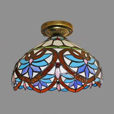 Tiffany Style Victorian/Flower/Pearl/Baroque Flush Mount Lamp with Stained Glass Shade - Antique Brass/Bronze - Ideal for Living Room