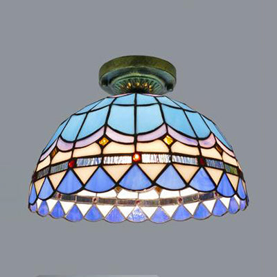 Tiffany Style Victorian/Flower/Pearl/Baroque Flush Mount Lamp With Stained Glass Shade - Antique