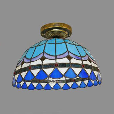 Tiffany Style Victorian/Flower/Pearl/Baroque Flush Mount Lamp With Stained Glass Shade - Antique