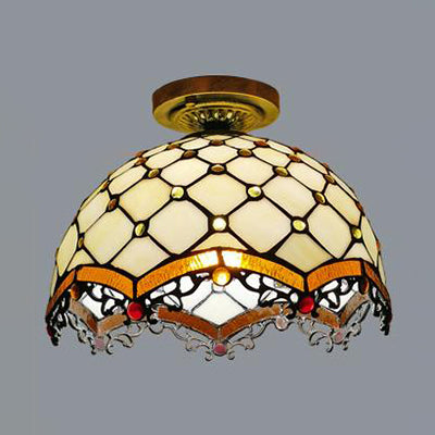 Tiffany Style Victorian/Flower/Pearl/Baroque Flush Mount Lamp With Stained Glass Shade - Antique