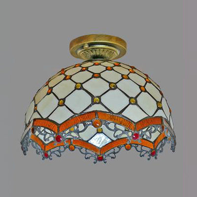 Tiffany Style Victorian/Flower/Pearl/Baroque Flush Mount Lamp With Stained Glass Shade - Antique