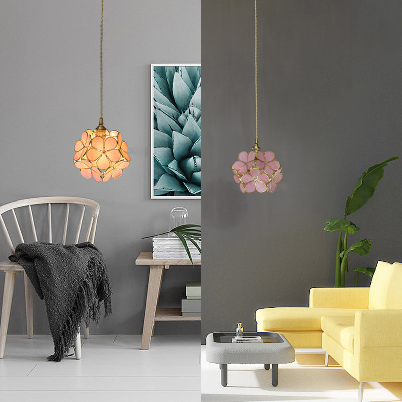 1 Light Flower Hanging Ceiling Light Tiffany Style Blue/Clear/Pink Stainless Glass Suspension Pendant Light