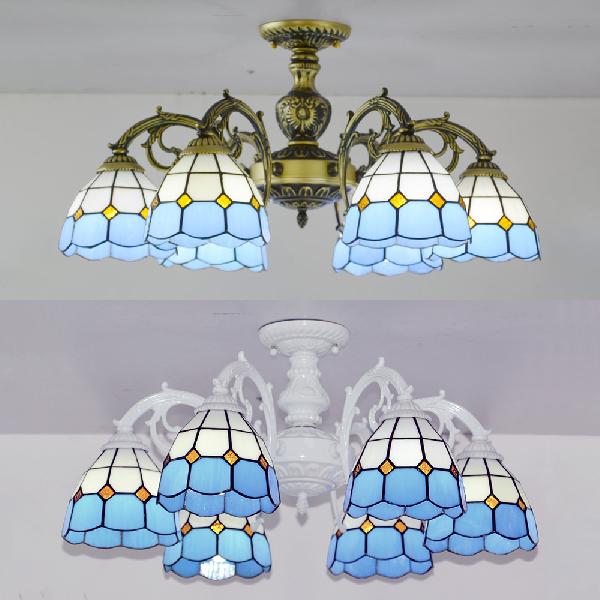 Vintage Tiffany Stained Glass Dome Semi Flush Mount Lighting in Bronze/White Finish (3/6 Lights)