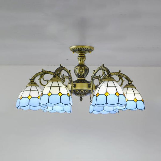 Vintage Tiffany Stained Glass Dome Semi Flush Mount Lighting in Bronze/White Finish (3/6 Lights)