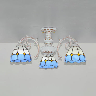 Vintage Tiffany Stained Glass Dome Semi Flush Mount Lighting in Bronze/White Finish (3/6 Lights)