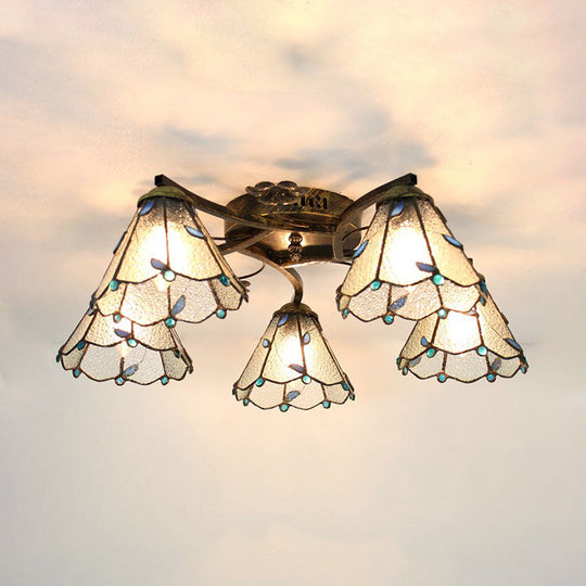 Tiffany Stained Glass Ceiling Light with 5 Scalloped Heads in Antique Bronze - Perfect for Bedroom