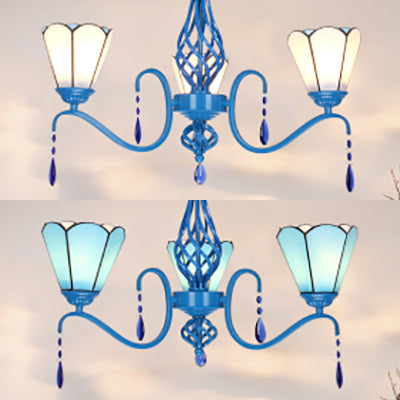 Stained Glass Cone Chandelier with Crystal Accents – 3 Lights, Blue Finish, Ideal for Living Room