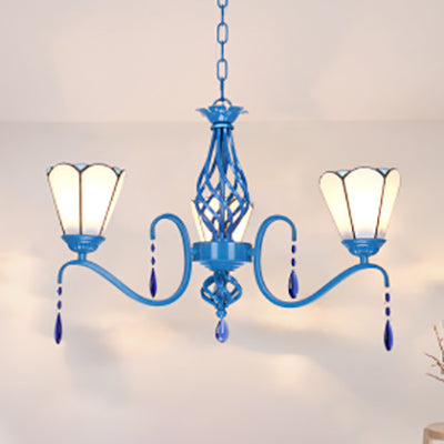 Stained Glass Cone Chandelier with Crystal Accents – 3 Lights, Blue Finish, Ideal for Living Room