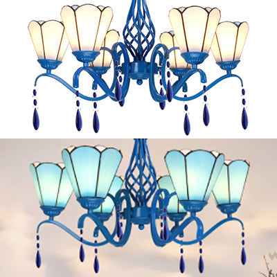 Scalloped Stained Glass Chandelier with Crystal Accents - Retro 6-Light Ceiling Fixture for Living Room