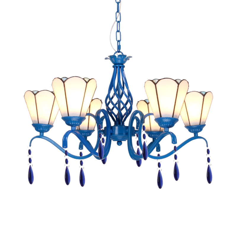 Retro Scalloped Stained Glass Chandelier With Crystal - 6 Light Ceiling Fixture For Living Room