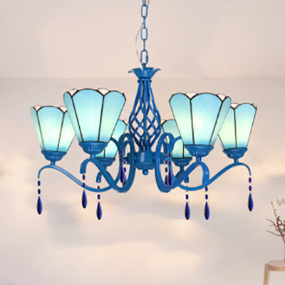 Scalloped Stained Glass Chandelier with Crystal Accents - Retro 6-Light Ceiling Fixture for Living Room