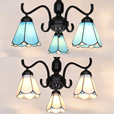 Country Style Stained Glass Chandelier With Scalloped Shade And 3 Lights For Living Room Décor