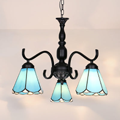 Country Style Stained Glass Chandelier With Scalloped Shade And 3 Lights For Living Room Décor Blue