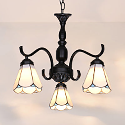 Country Style Stained Glass Chandelier With Scalloped Shade And 3 Lights For Living Room Décor White