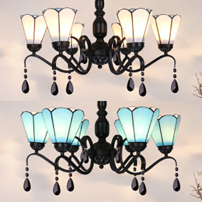 Vintage Stained Glass Conic Pendant Light - 6-Light Ceiling Fixture with Crystal for Bedroom Lighting