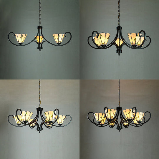 Retro-Style Beige Cone-Shaped Stained Glass Leaf Pattern Suspension Light: Bedroom Chandelier