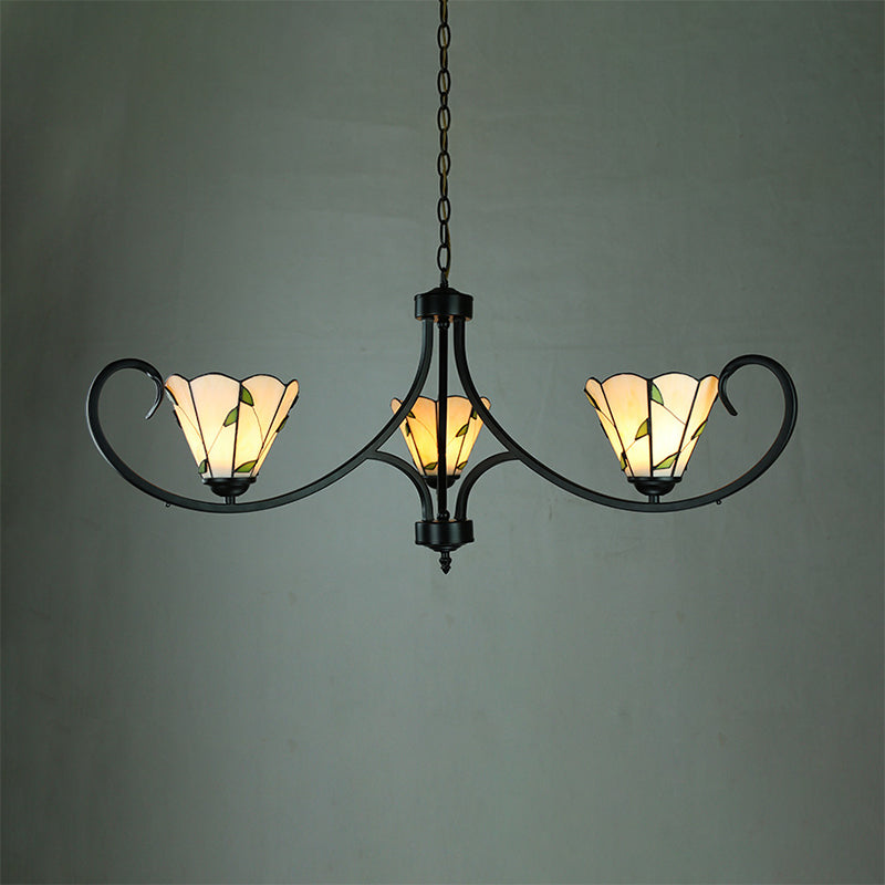 Retro-Style Beige Cone-Shaped Stained Glass Leaf Pattern Suspension Light: Bedroom Chandelier 3 /