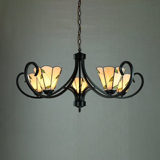 Retro-Style Beige Cone-Shaped Stained Glass Leaf Pattern Suspension Light: Bedroom Chandelier 5 /