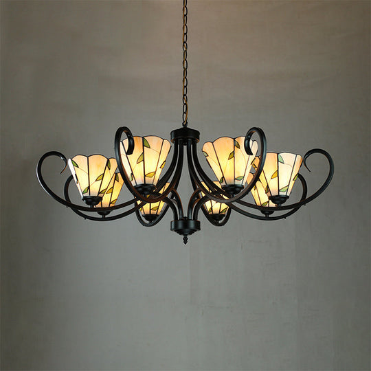 Retro-Style Beige Cone-Shaped Stained Glass Leaf Pattern Suspension Light: Bedroom Chandelier 8 /