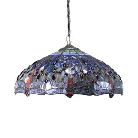 Tiffany Navy/Purplish Blue Suspension Lamp with Flared Art Glass Shade