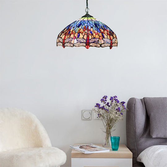 Tiffany Navy/Purplish Blue Suspension Lamp with Flared Art Glass Shade