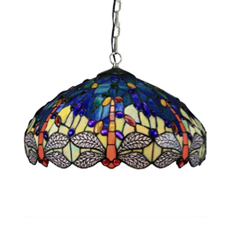 Tiffany Navy/Purplish Blue Suspension Lamp with Flared Art Glass Shade