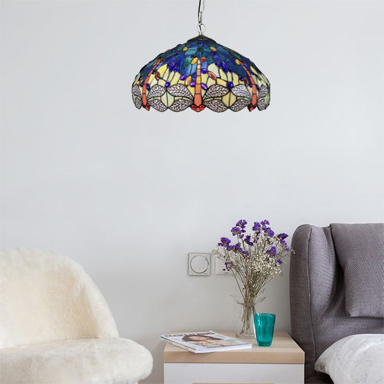 Tiffany Navy/Purplish Blue Suspension Lamp with Flared Art Glass Shade