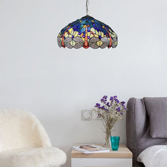 Tiffany Navy/Purplish Blue Dining Room Pendant Light With Handcrafted Art Glass Shade Navy