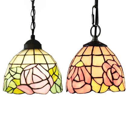 Handcrafted Tiffany Art Glass Ceiling Light - Pink-White/Green Design with Adjustable Chain