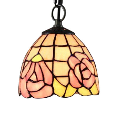 Handcrafted Tiffany Art Glass Ceiling Light - Pink-White/Green Design with Adjustable Chain