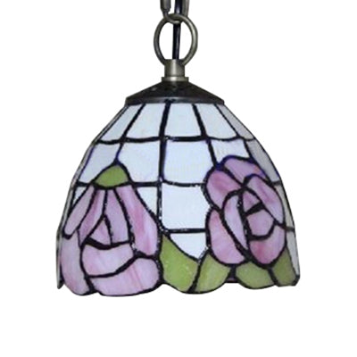 Handcrafted Tiffany Art Glass Ceiling Light - Pink-White/Green Design with Adjustable Chain