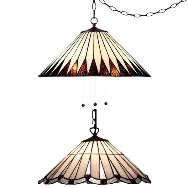 Tiffany Cone Hanging Lamp - White/Brown Stained Art Glass - 1 Bulb Ceiling Pendant for Dining Room