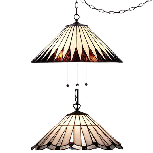 Tiffany Cone Hanging Lamp - White/Brown Stained Art Glass Ceiling Pendant Light For Dining Room