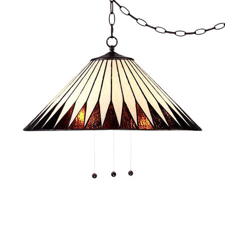 Tiffany Cone Hanging Lamp - White/Brown Stained Art Glass - 1 Bulb Ceiling Pendant for Dining Room