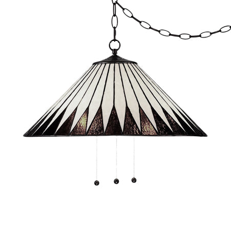 Tiffany Cone Hanging Lamp - White/Brown Stained Art Glass - 1 Bulb Ceiling Pendant for Dining Room