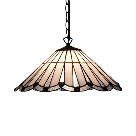 Tiffany Cone Hanging Lamp - White/Brown Stained Art Glass Ceiling Pendant Light For Dining Room