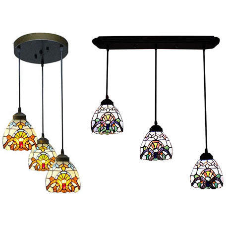 Victorian Domed Stained Glass Pendant Light Set - White 3-Light Ideal For Dining Room