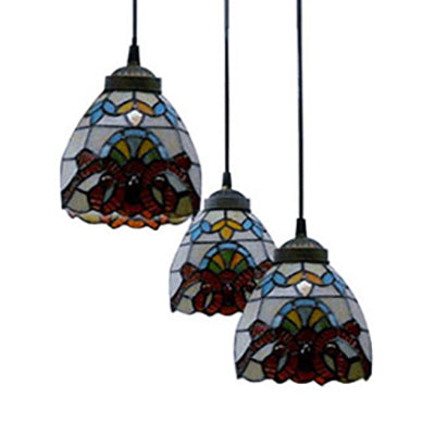 Victorian Domed Stained Glass Pendant Light Set - White 3-Light Ideal For Dining Room