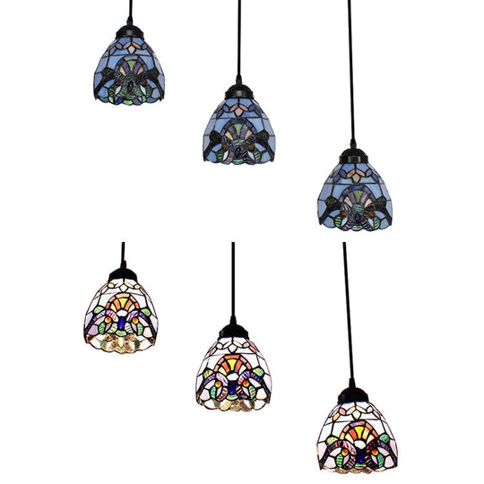 Victorian Domed Stained Glass Pendant Light Set - White 3-Light Ideal For Dining Room