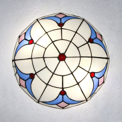 Traditional Loft Stained Glass Flush Mount Ceiling Light in Blue and White