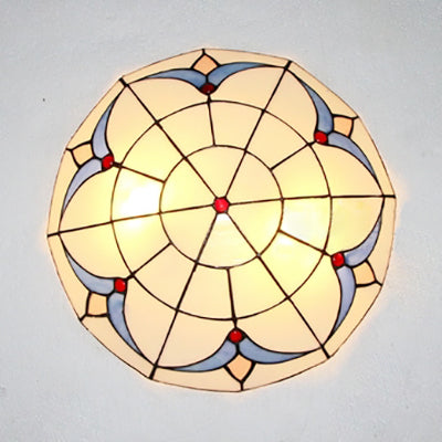 Traditional Loft Stained Glass Flush Mount Ceiling Light in Blue and White